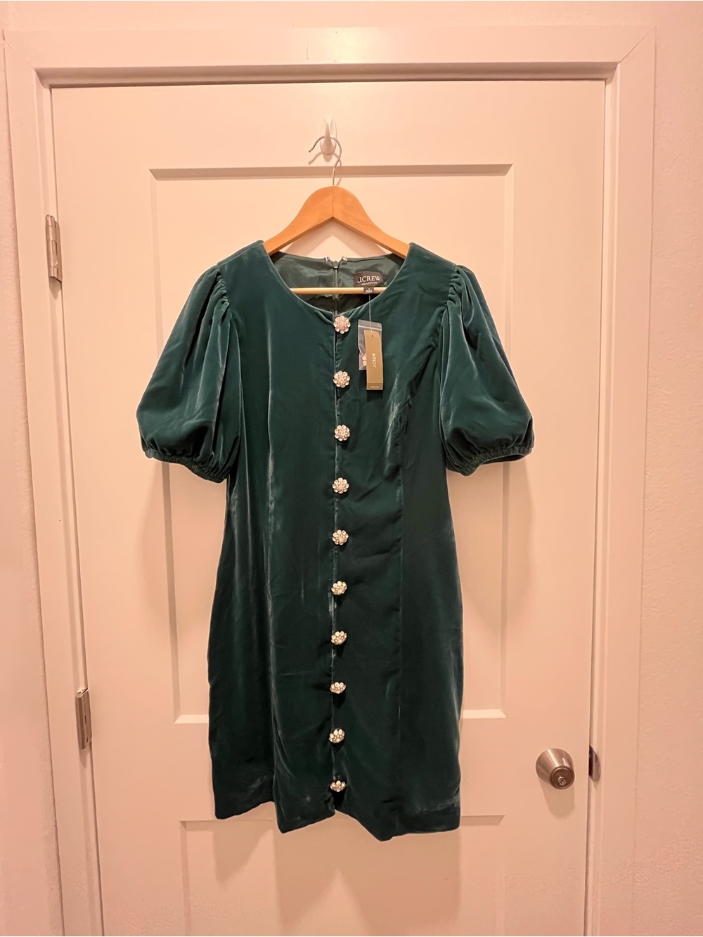 J. Crew Emerald Velvet Puff-Sleeve Midi Dress with Jeweled Buttons